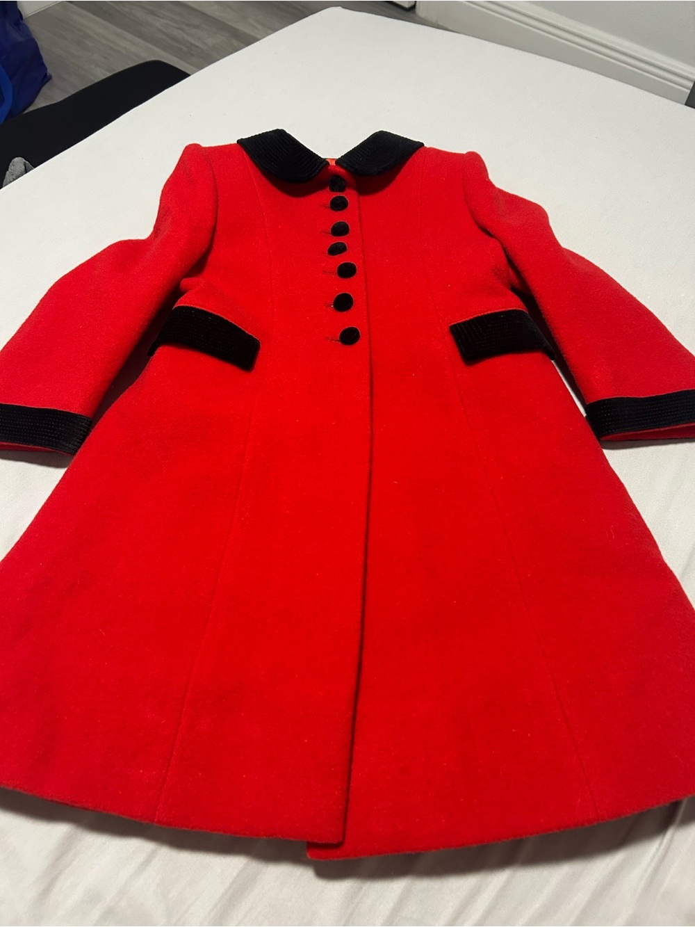 Red Girl’s Wool-Blend Coat with Black Trim